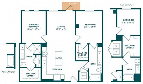 Floor plan for 2 beds, 2 baths, 1135 sqft